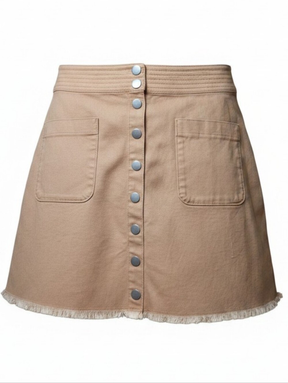 MADEWELLā | Brown Snap Front Cotton A-Line Mini Skirt Raw Hem Patch Pockets | 12